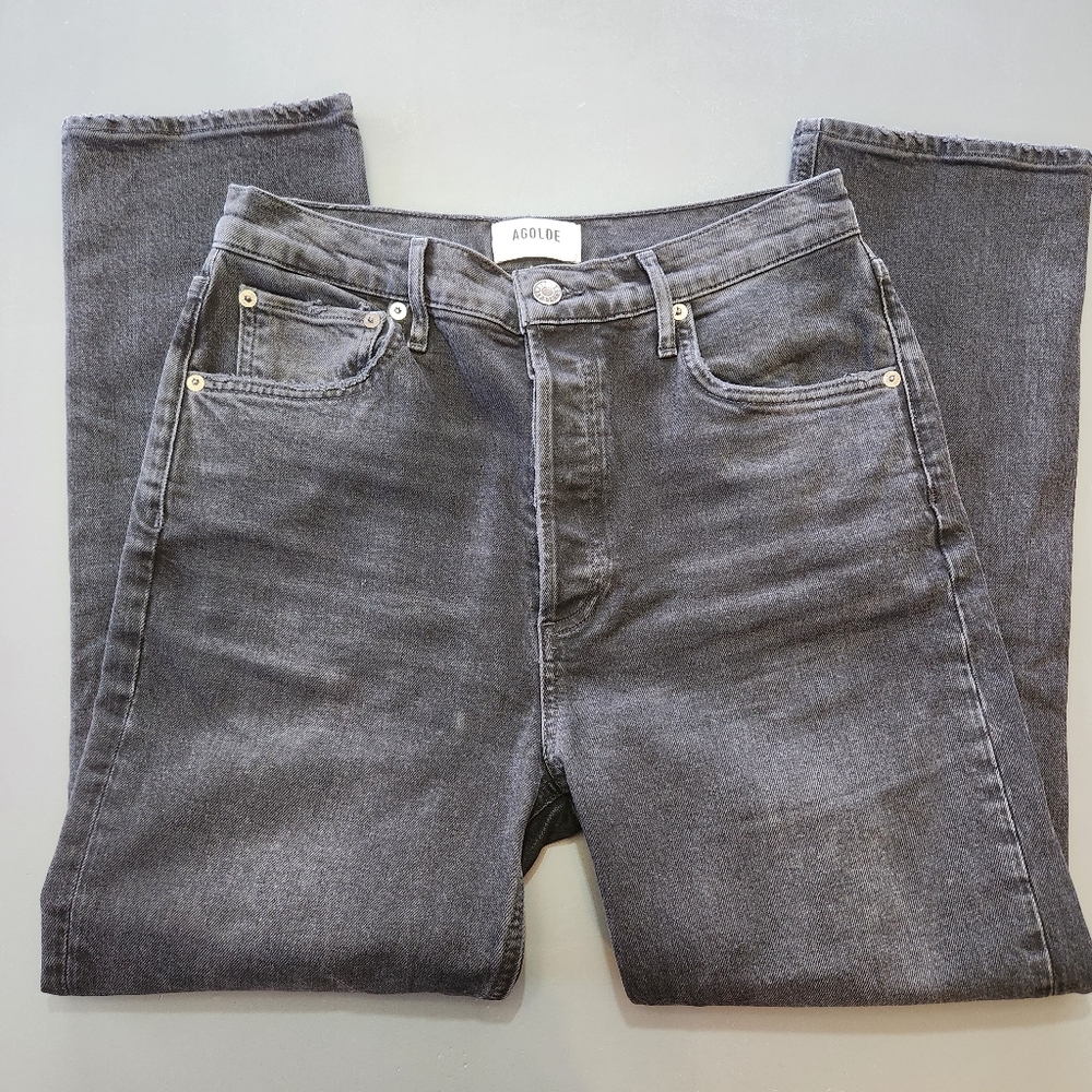 Agolde Riley High Rise Cotton Button Fly Straight Jeans Panoramic/Black Size 29